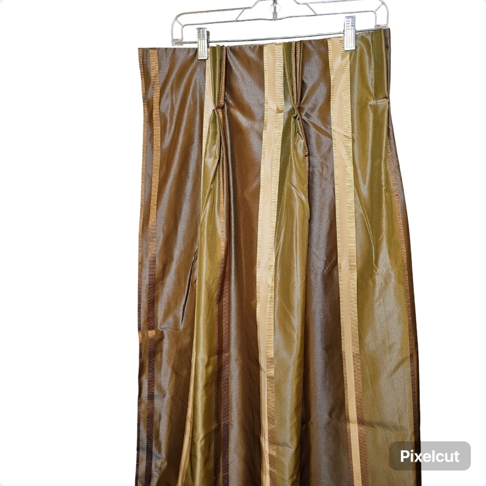 Two custom panels green taupe cream striped tafetta pleated lined drapes 56x95"